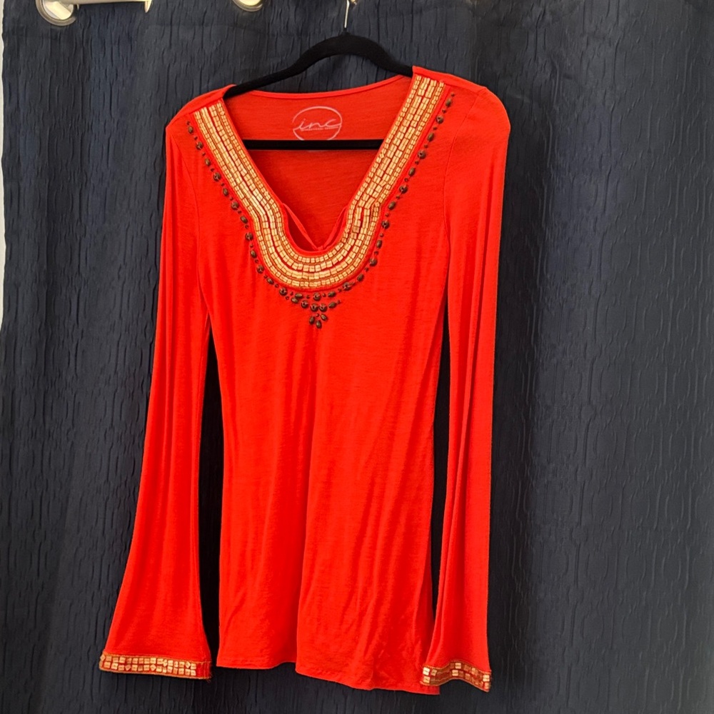 INC International Concepts Red Long Sleeve Top with Gold Accents